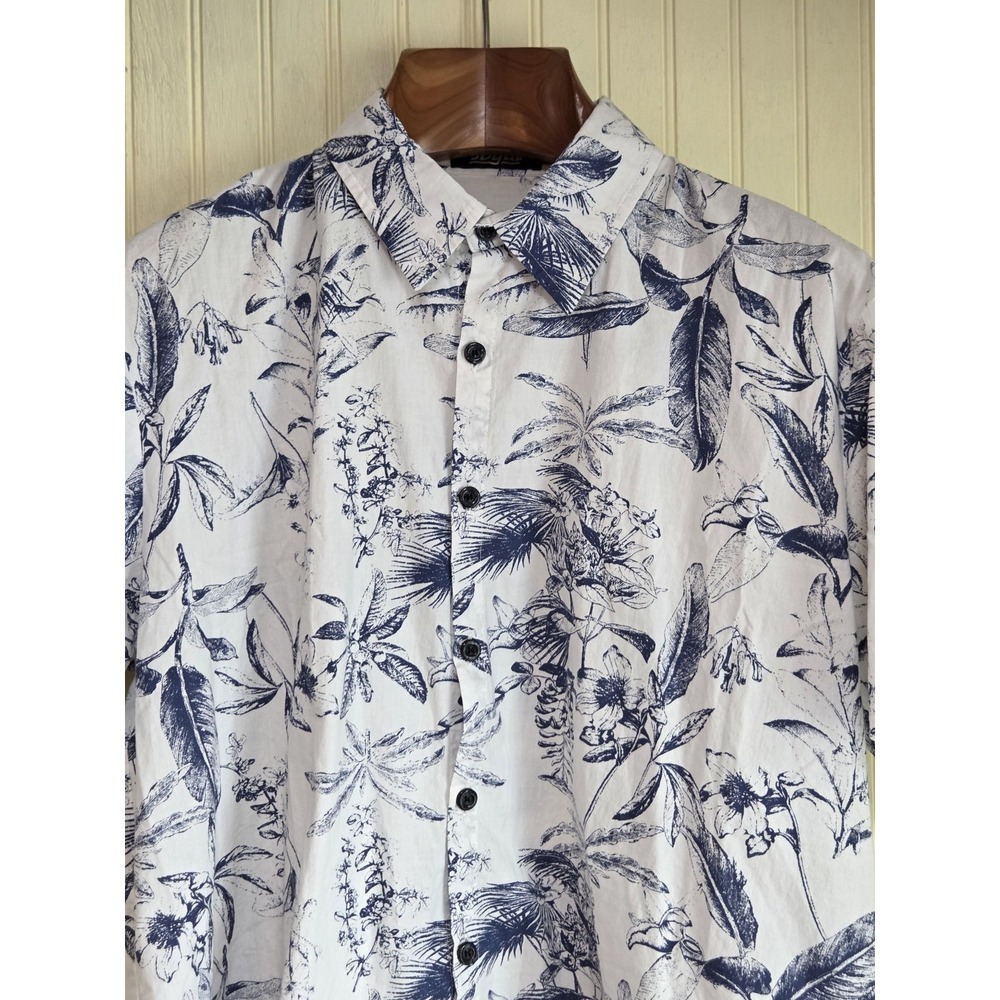 Jogal Shirt Mens Large White Blue Tropical Floral Button Short Sleeve‎ Cotton
